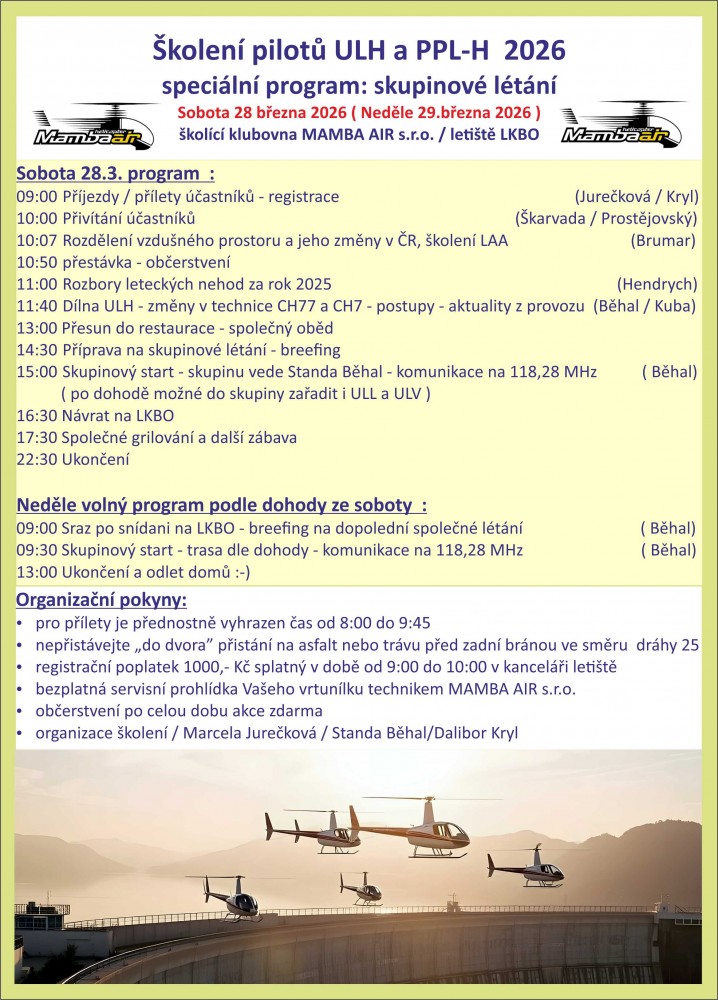 Školení pilotů ULH a PPLH - sobota 28.března 2026 areál MAMBA AIR